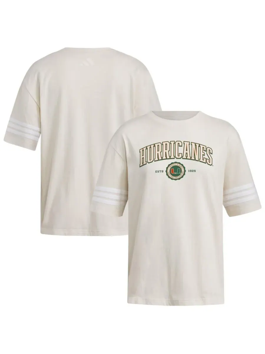 Adidas Женская кремовая футболка оверсайз с тремя полосками в стиле команды Miami Hurricanes