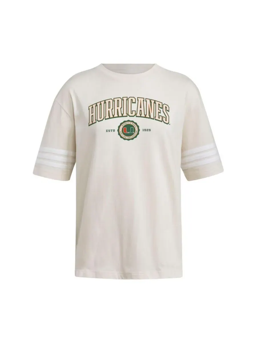 Adidas Женская кремовая футболка оверсайз с тремя полосками в стиле команды Miami Hurricanes — изображение 2 из 3, бежевый