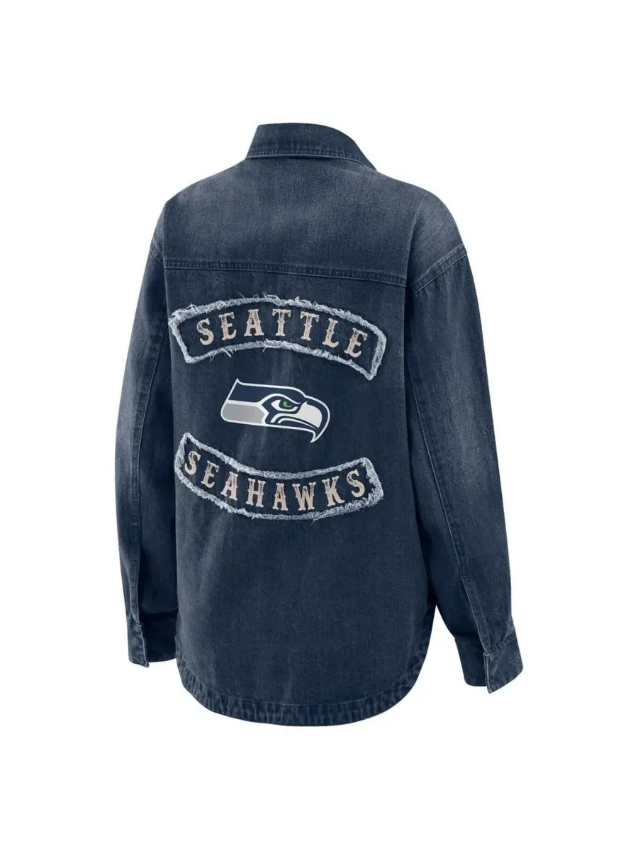 Женская джинсовая куртка-рубашка Seattle Seahawks, с эффектом потертости, свободного кроя, на — изображение 3 из 3