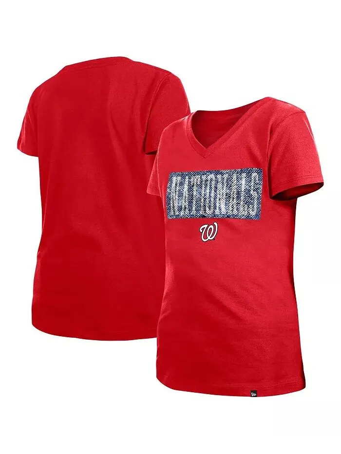 Футболка Big Girls Red Washington Nationals Flip Sequin Team с V-образным вырезом New Era