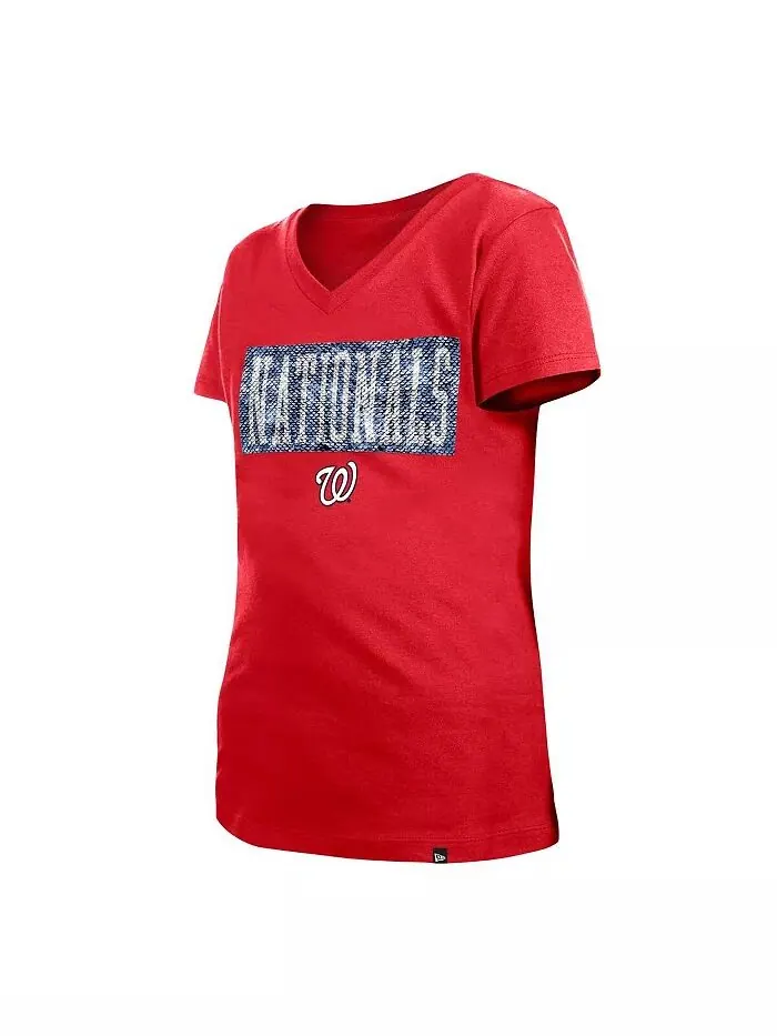 Футболка Big Girls Red Washington Nationals Flip Sequin Team с V-образным вырезом New Era — изображение 3 из 5