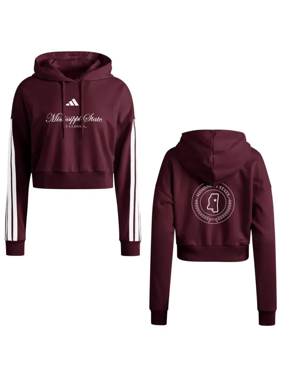 Adidas Женская укороченная толстовка с капюшоном бордового цвета с символикой Mississippi State