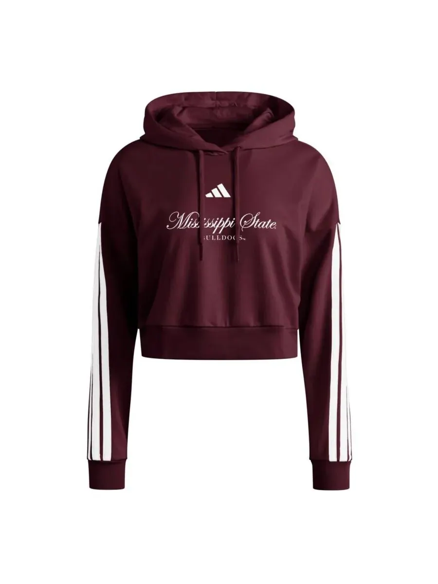 Adidas Женская укороченная толстовка с капюшоном бордового цвета с символикой Mississippi State — изображение 2 из 3