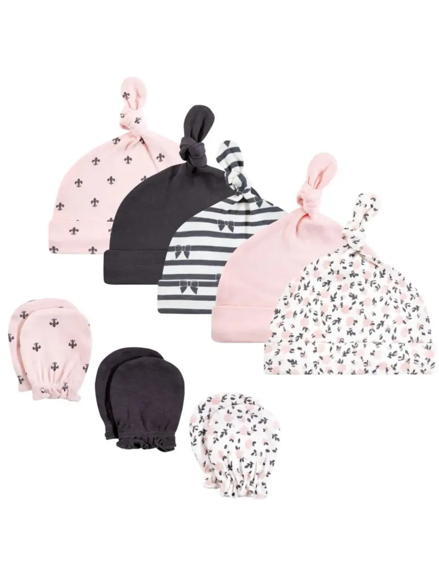 Набор из 8 пар шапочек с узлами и варежек-царапанец Hudson Baby, Berry Floral