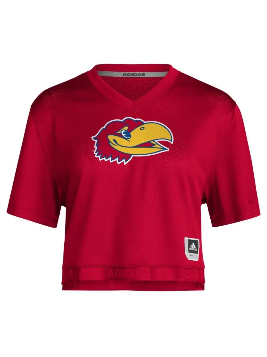 Adidas Женская красная укороченная футболка Kansas Jayhawks Primegreen с V-образным вырезом — изображение 2 из 3, красный
