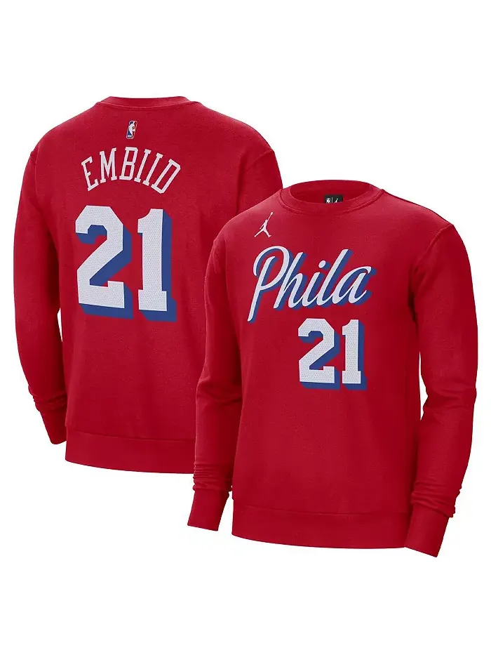 Мужской красный свитшот с капюшоном Philadelphia 76ers Joel Embiid Statement с именем и номером