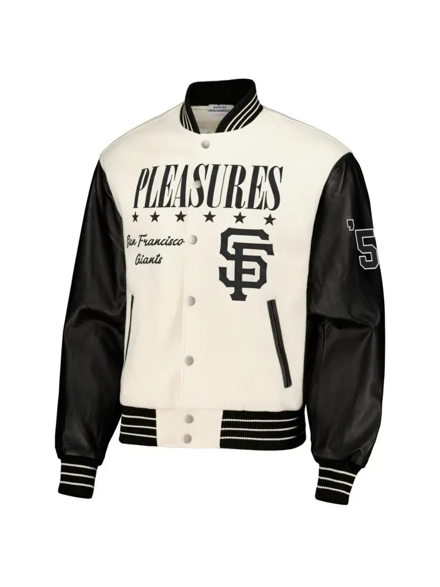 PLEASURES Мужская белая куртка-бомбер San Francisco Giants с застежкой на кнопках — изображение 4 из 4, белый