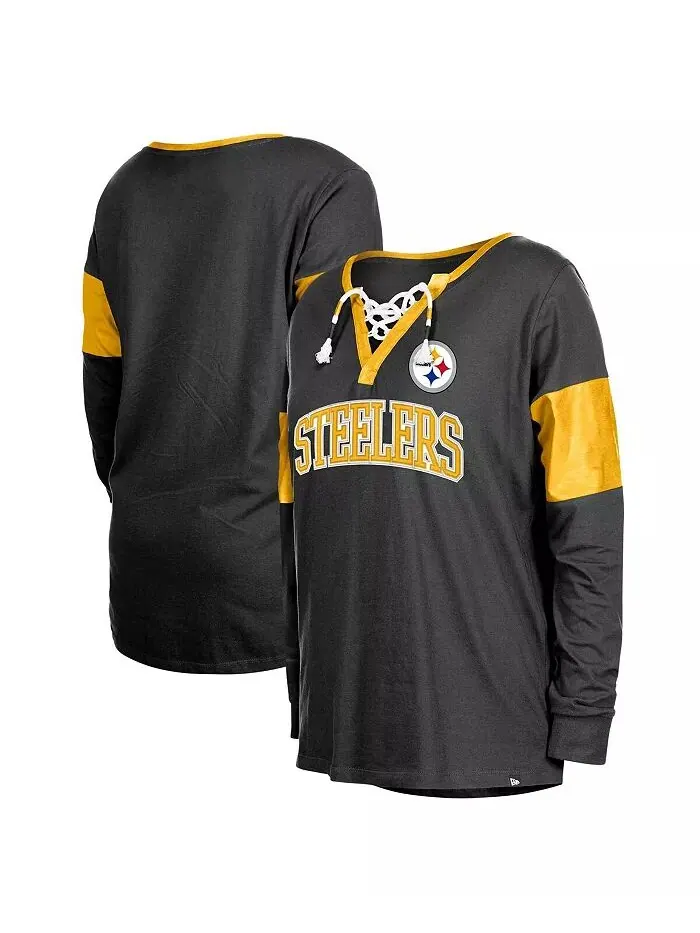 Женская черная футболка Pittsburgh Steelers со шнуровкой и вырезом-надрезом, с длинным рукавом New