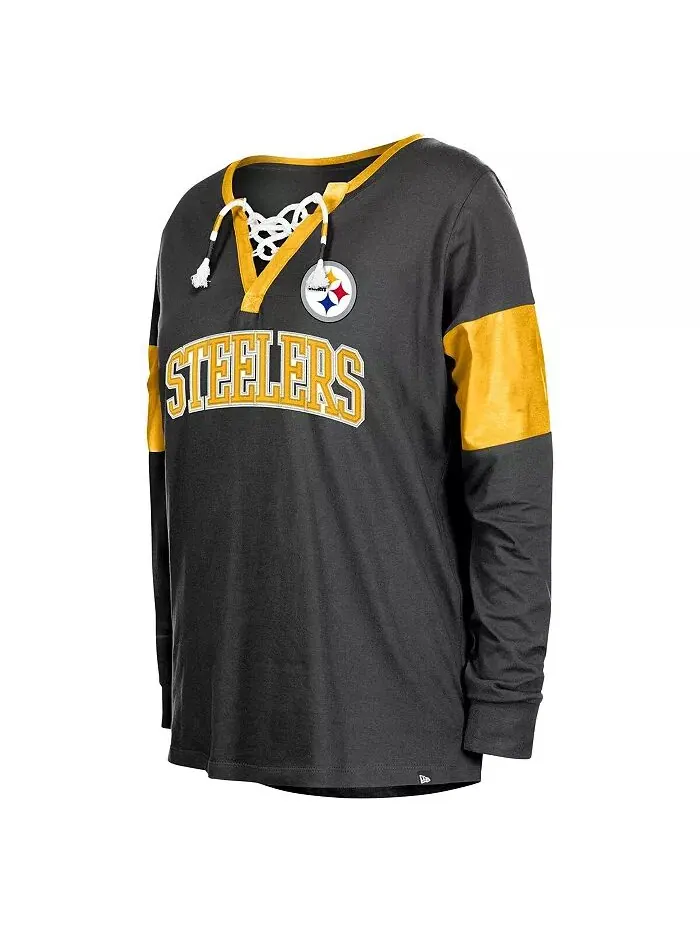 Женская черная футболка Pittsburgh Steelers со шнуровкой и вырезом-надрезом, с длинным рукавом New — изображение 3 из 3