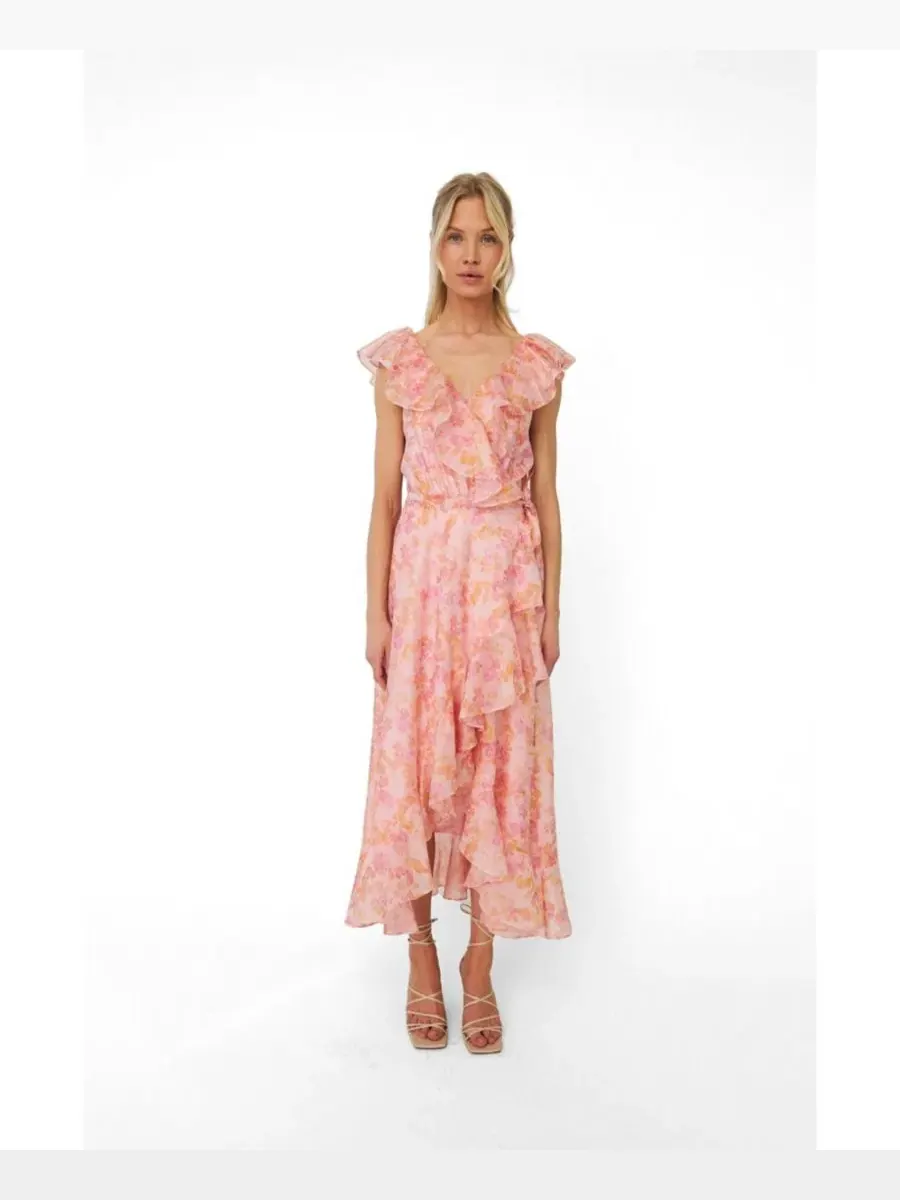 Платье-миди с запахом и рюшами Landon Floral-Print Wrap Ruffle CRAS, Cloudy Flower — без цвета