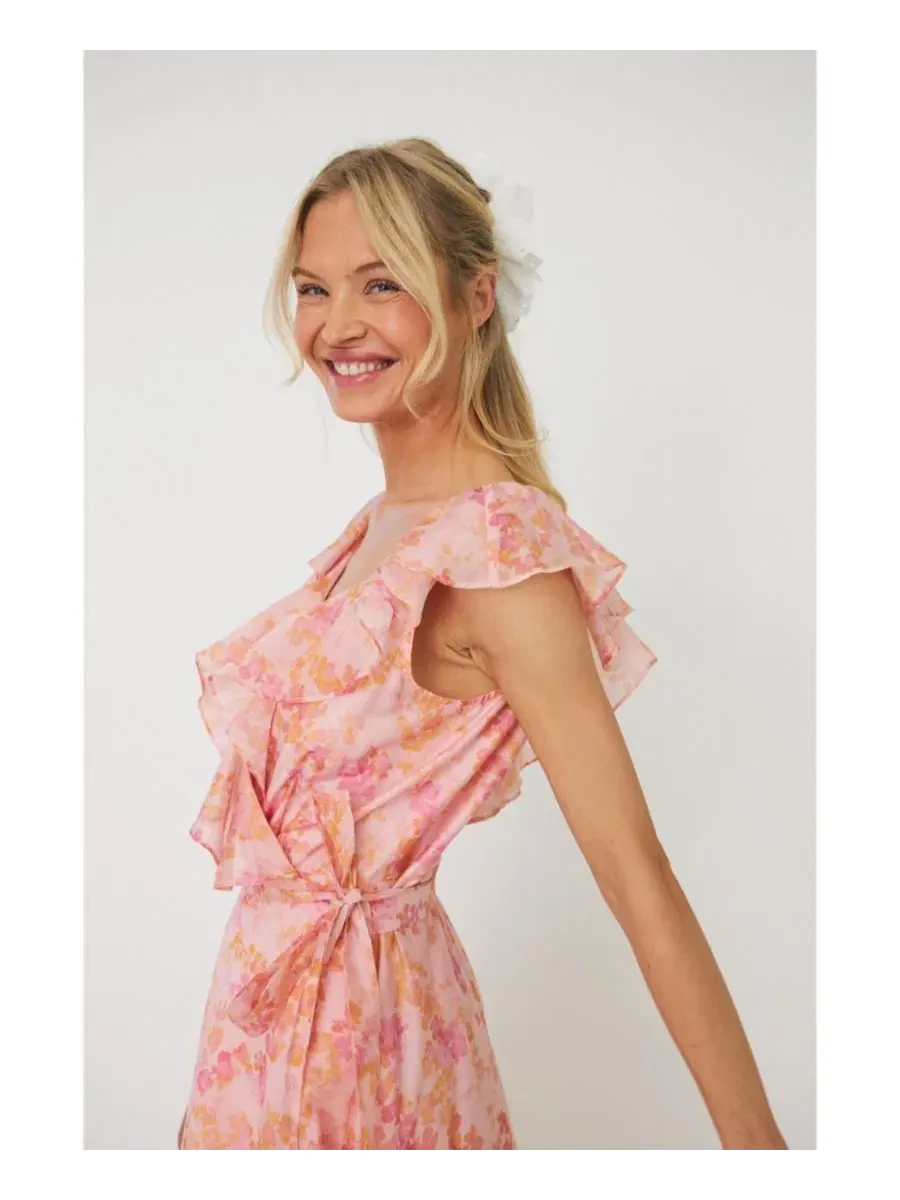 Платье-миди с запахом и рюшами Landon Floral-Print Wrap Ruffle CRAS, Cloudy Flower — изображение 5 из 8