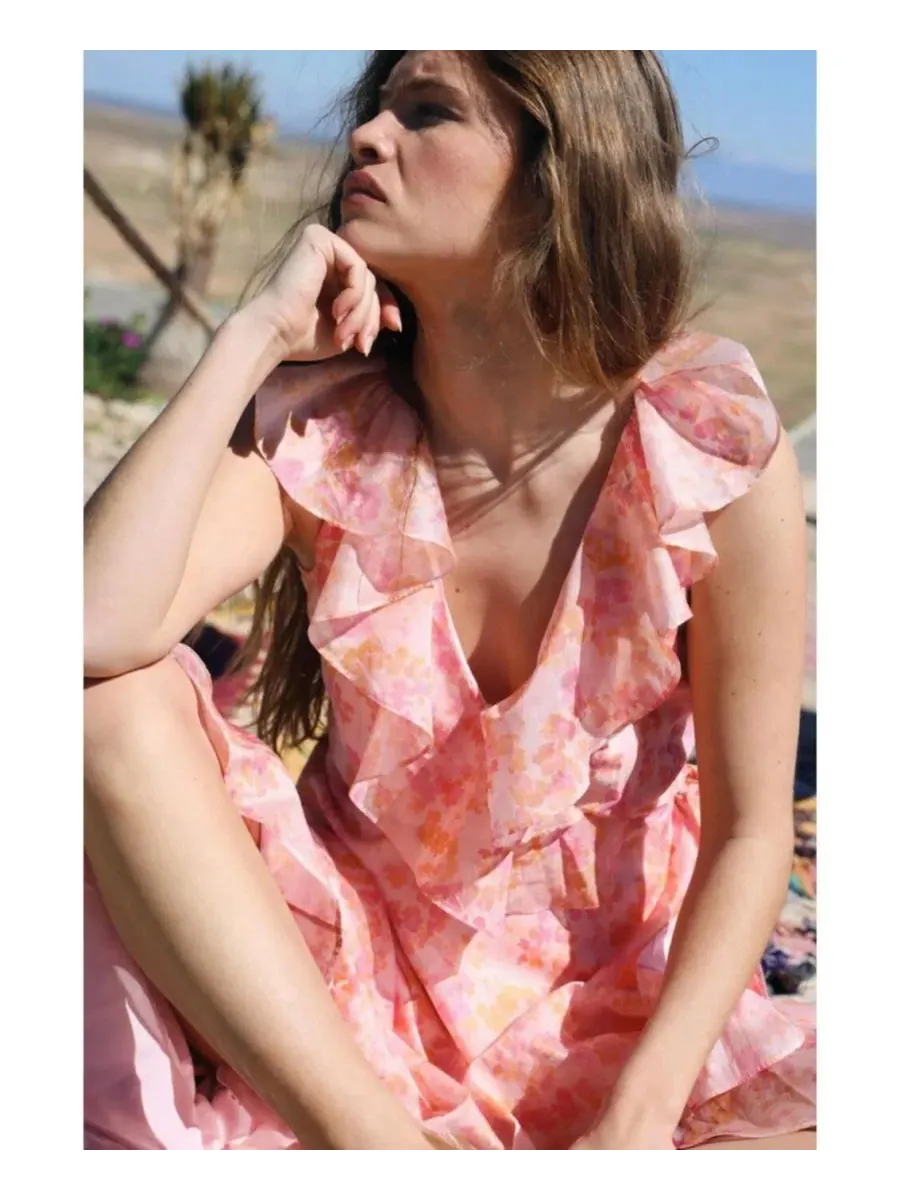 Платье-миди с запахом и рюшами Landon Floral-Print Wrap Ruffle CRAS, Cloudy Flower — изображение 7 из 8