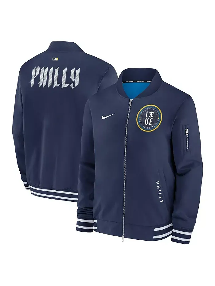 Мужская синяя бомбер-куртка Philadelphia Phillies Authentic Collection City Connect на молнии Nike