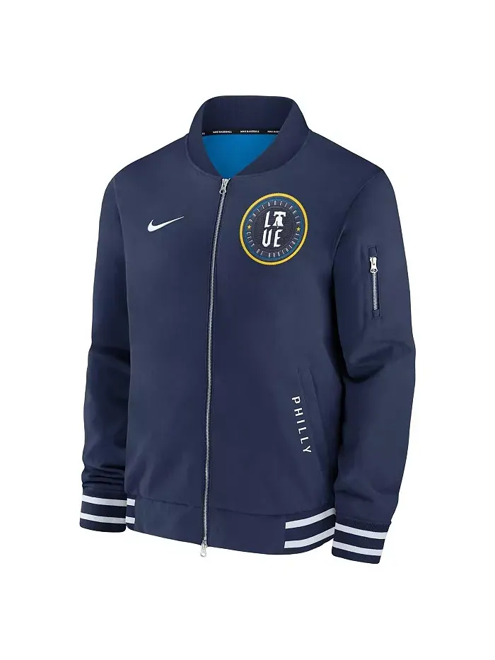 Мужская синяя бомбер-куртка Philadelphia Phillies Authentic Collection City Connect на молнии Nike — изображение 2 из 3