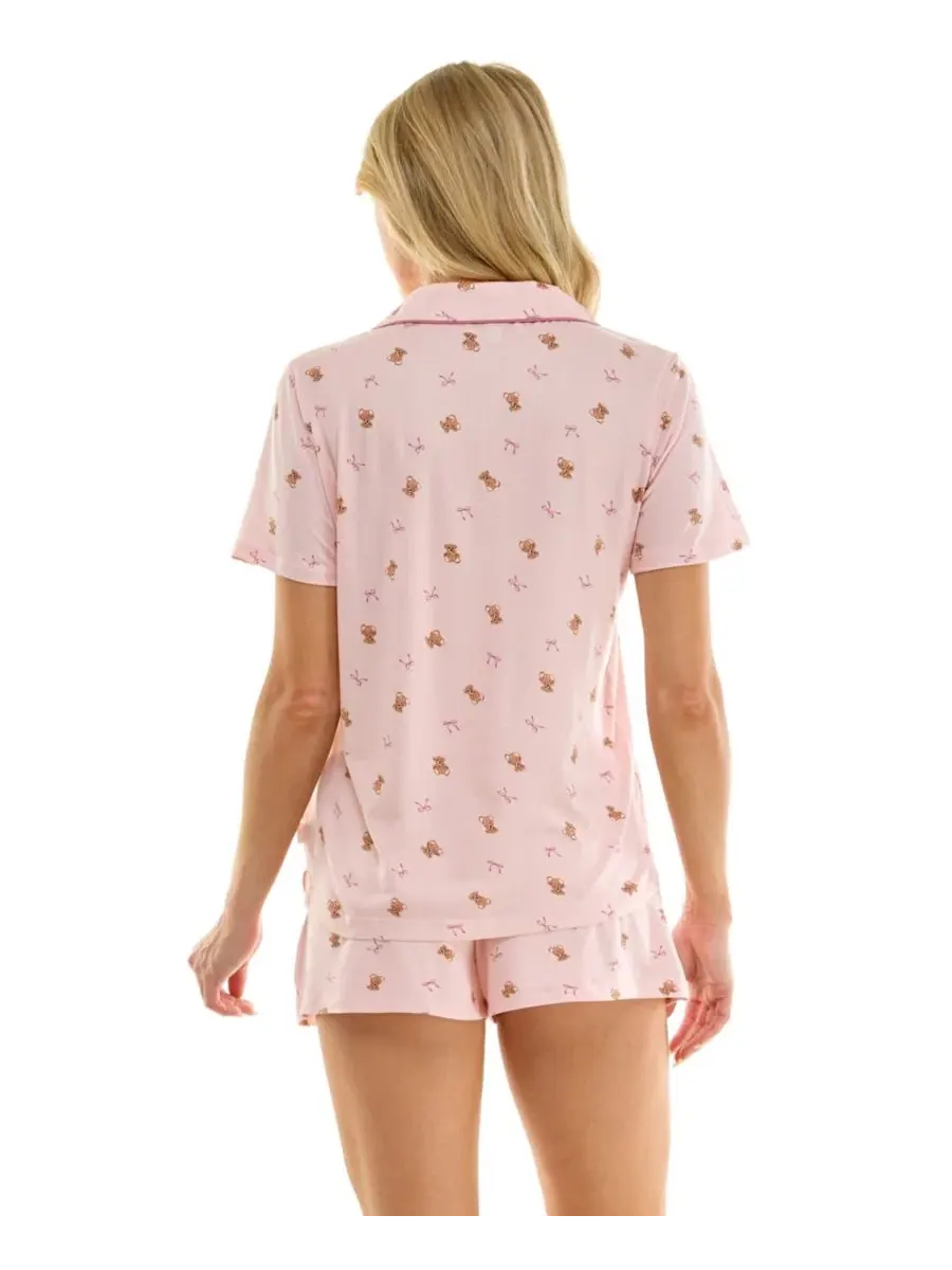 Женский пижамный комплект с воротником-шалью и шортами, Cuddly Bow Teddies Lotus Sincerely Jules — изображение 4 из 10