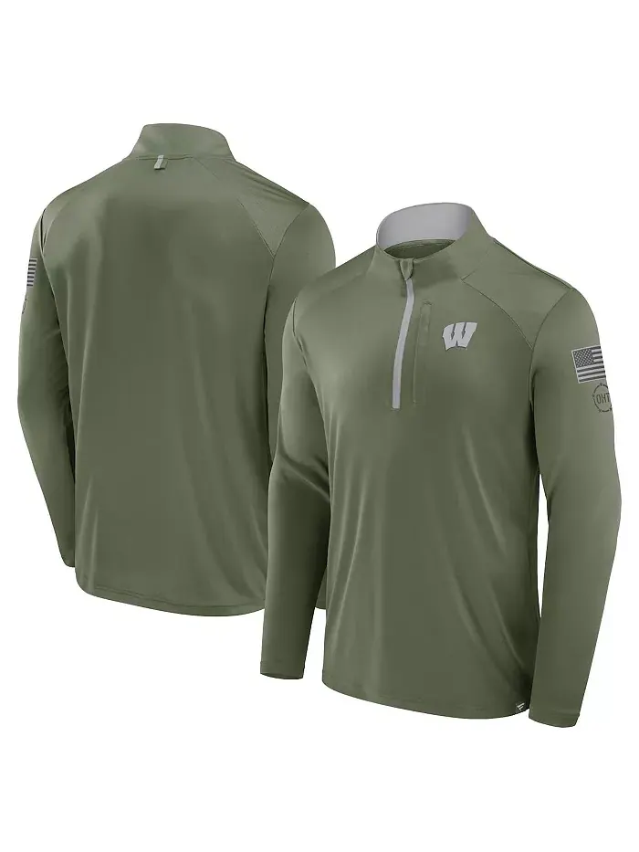 Мужская куртка Olive Wisconsin Badgers OHT Military Appreciation Defender Quarter-Zip Fanatics