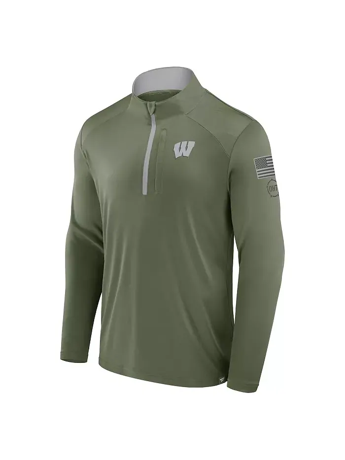 Мужская куртка Olive Wisconsin Badgers OHT Military Appreciation Defender Quarter-Zip Fanatics — изображение 2 из 4