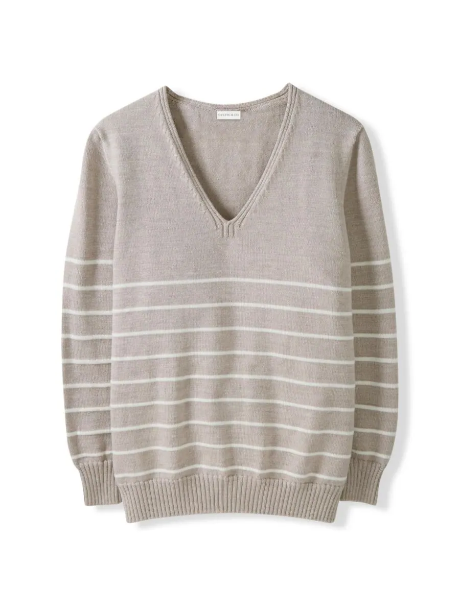 Женский свитер из мериносовой шерсти с V-образным вырезом Celtic & Co, Oatmeal ecru stripe