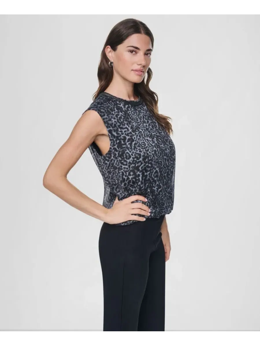 Топ без рукавов из жатого шифона с принтом Moonlit Leopard DKNY, Moonlit Leopard — изображение 2 из 5