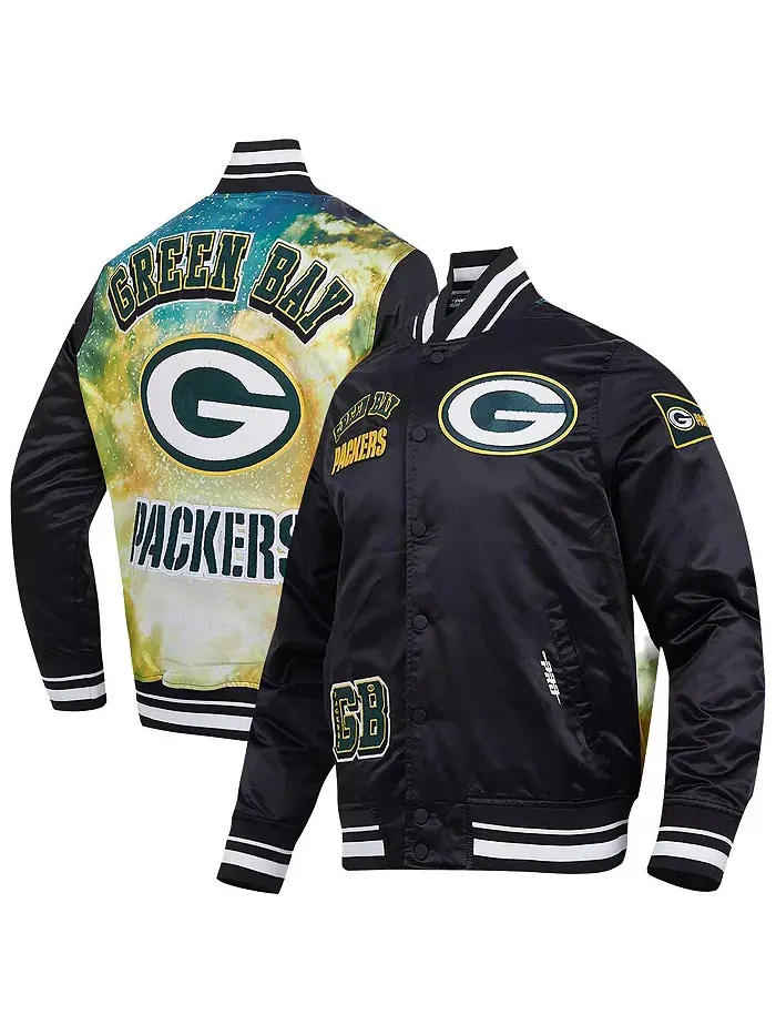 Мужская черная куртка Green Bay Packers с полной застежкой на молнии, сатиновая, с сублимационной