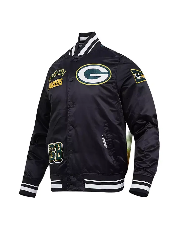 Мужская черная куртка Green Bay Packers с полной застежкой на молнии, сатиновая, с сублимационной — изображение 2 из 5