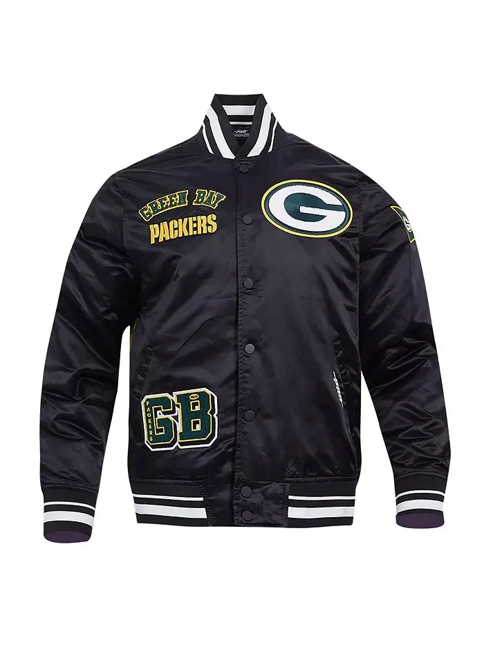 Мужская черная куртка Green Bay Packers с полной застежкой на молнии, сатиновая, с сублимационной — изображение 3 из 5