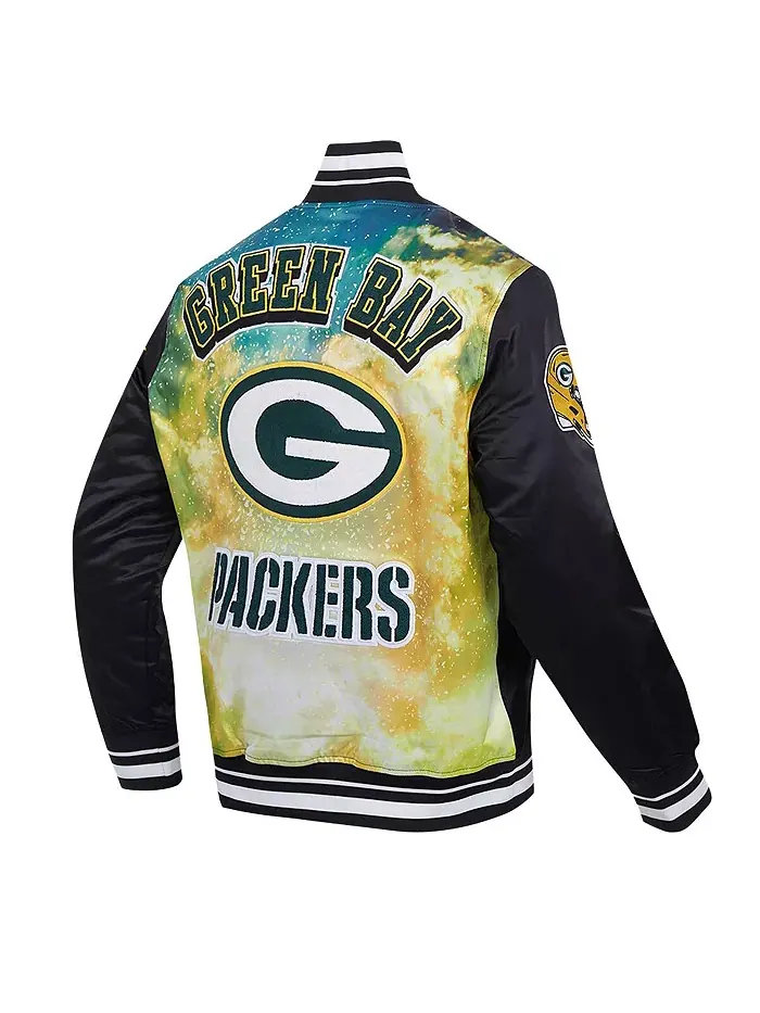 Мужская черная куртка Green Bay Packers с полной застежкой на молнии, сатиновая, с сублимационной — изображение 4 из 5
