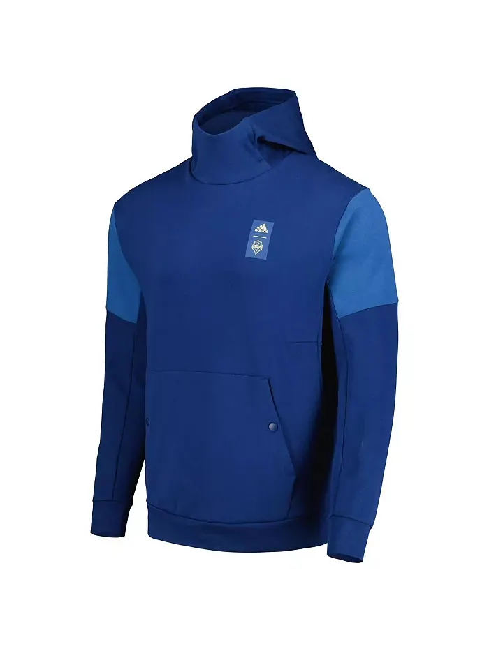 Мужская синяя толстовка с капюшоном Seattle Sounders FC 2023 Player Travel Pullover Hoodie adidas — изображение 3 из 3