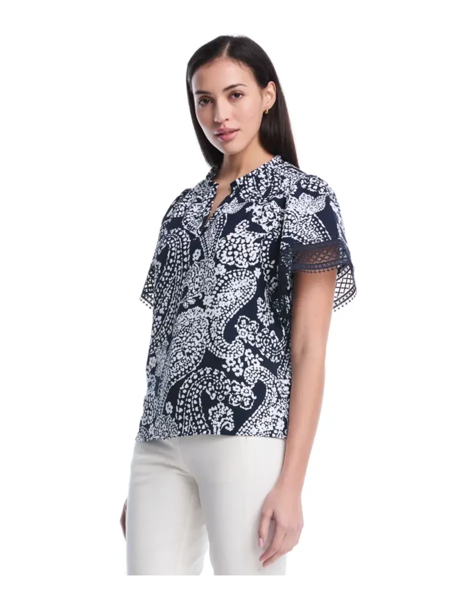 Блуза с принтом пейсли, с кружевной отделкой и коротким рукавом, Petite Paisley Print Flutter Lace