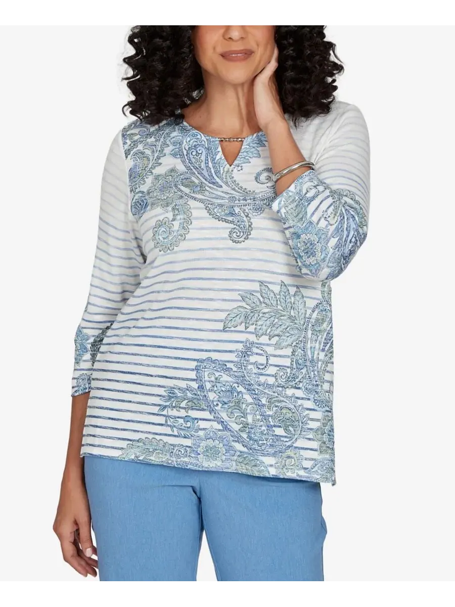 Блуза с принтом пейсли и полоской, модель Provence Paisley Stripe Split Neck Top Alfred Dunner