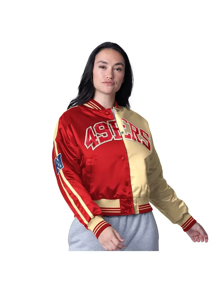 Женская укороченная атласная куртка San Francisco 49ers Zone Blitz цвета алый/золотой на кнопках