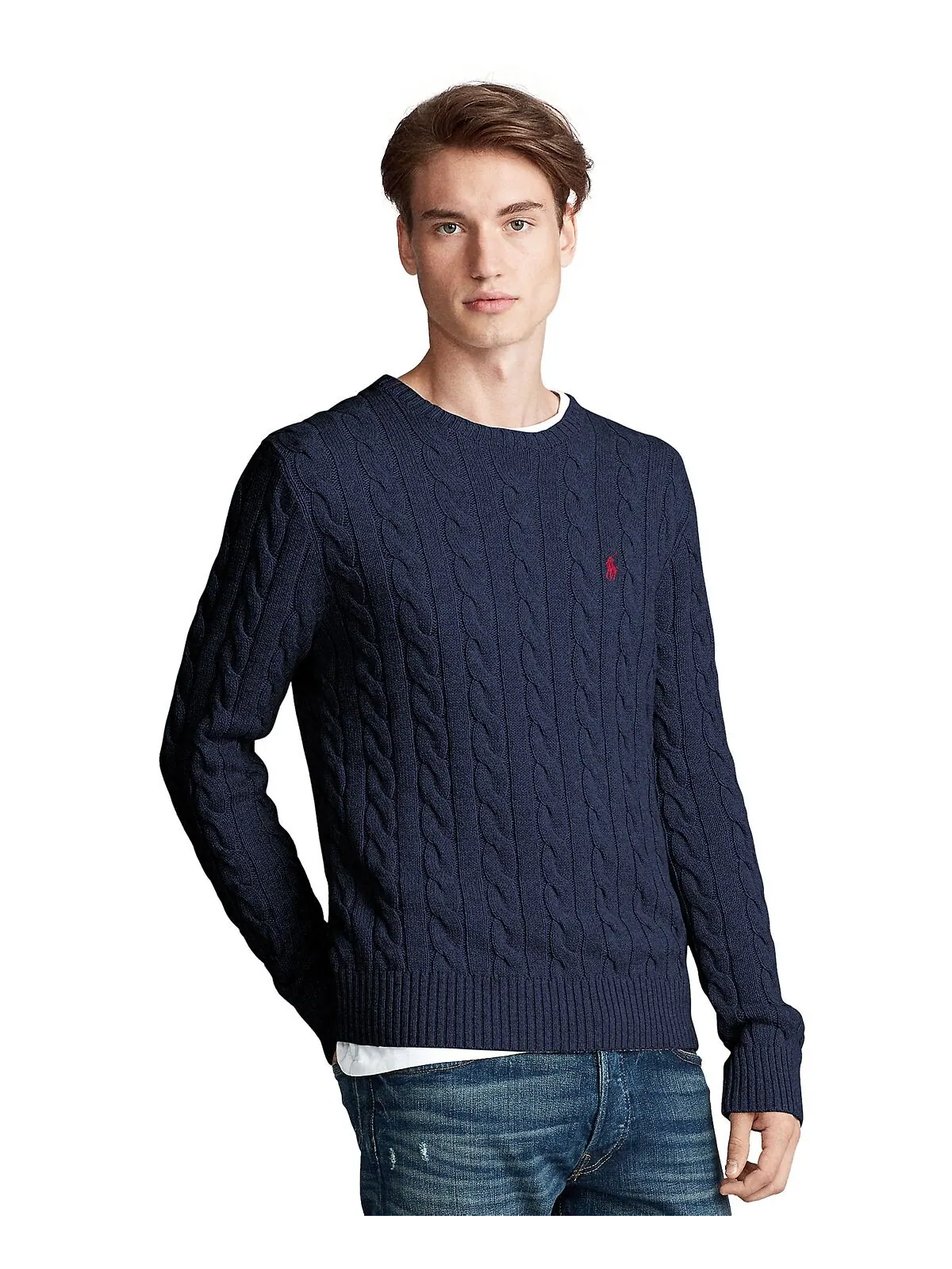 Мужской хлопковый свитер косой вязки Polo Ralph Lauren — изображение 2 из 8, темно-синий