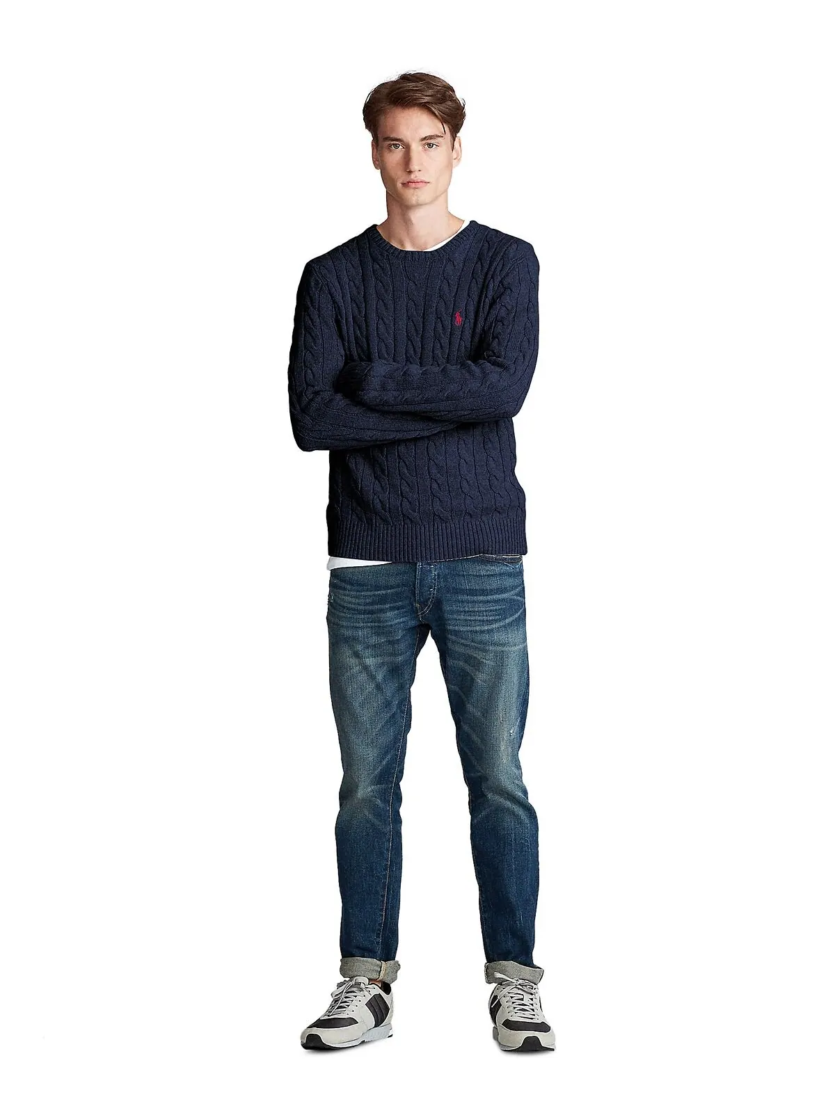 Мужской хлопковый свитер косой вязки Polo Ralph Lauren — изображение 5 из 8, темно-синий