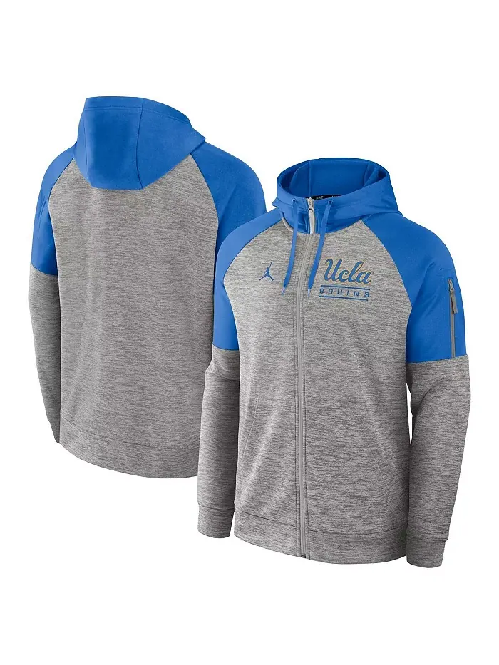 Мужская серая толстовка с эффектом хизера UCLA Bruins Fitness Raglan Performance на молнии Jordan