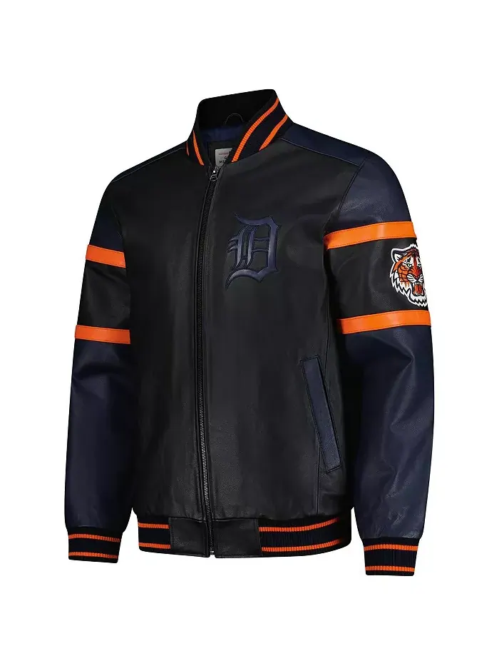 Мужская черная кожаная бейсбольная куртка Detroit Tigers на молнии G-III Sports by Carl Banks — изображение 2 из 3