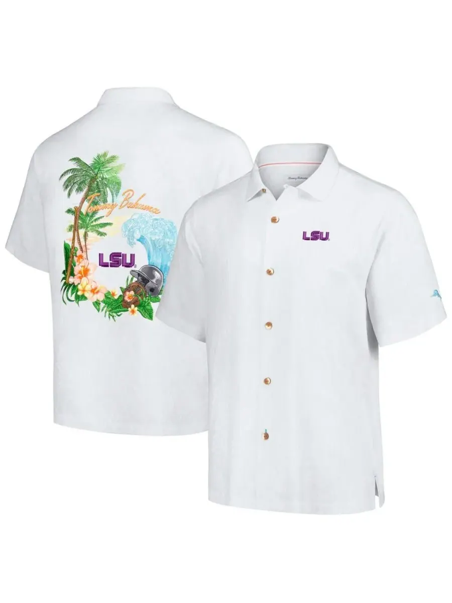 Tommy Bahama Мужская белая рубашка на пуговицах LSU Tigers Castaway Game Camp