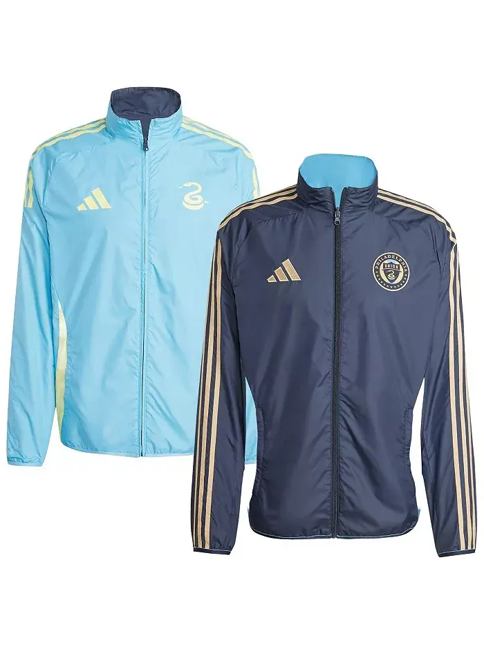 Мужская синяя/голубая реверсивная куртка на молнии Philadelphia Union 2025 Anthem Full-Zip adidas