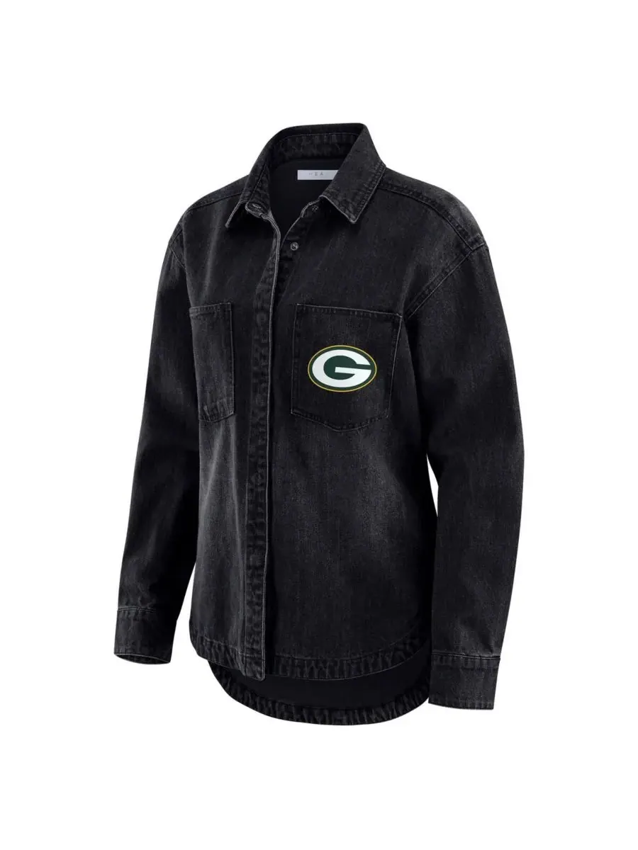 WEAR by Erin Andrews Женская черная джинсовая куртка-рубашка Green Bay Packers оверсайз с застежкой — изображение 2 из 3
