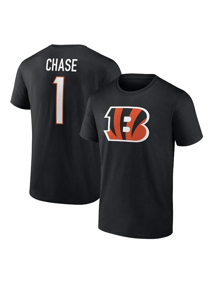 Мужская черная футболка с логотипом Ja'Marr Chase Cincinnati Bengals со значком игрока, именем и