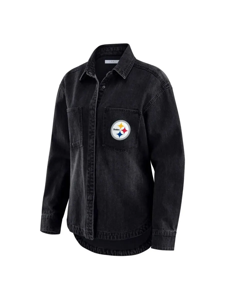 WEAR by Erin Andrews Женская черная джинсовая куртка-рубашка Pittsburgh Steelers оверсайз с — изображение 2 из 3, черный