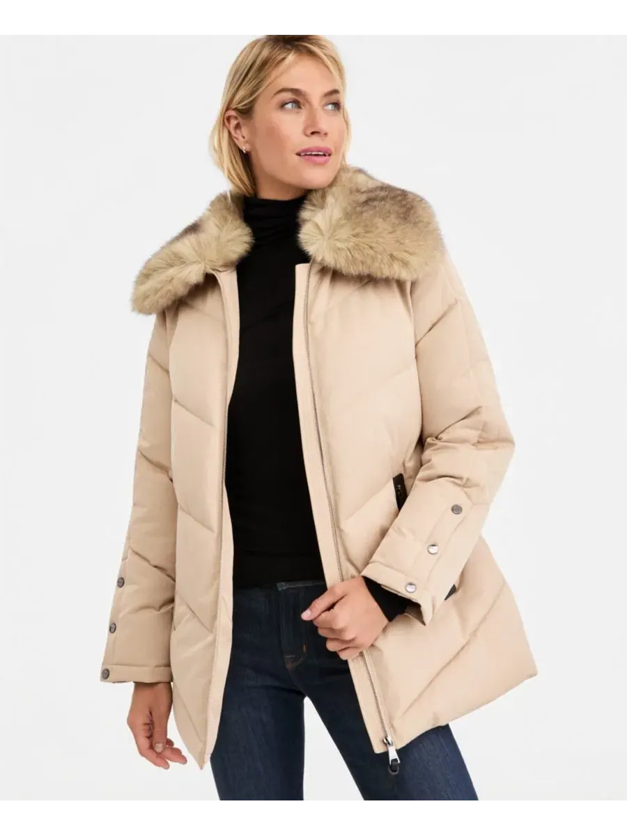 Женское пальто-пуховик с искусственным меховым воротником DKNY, Lt Camel