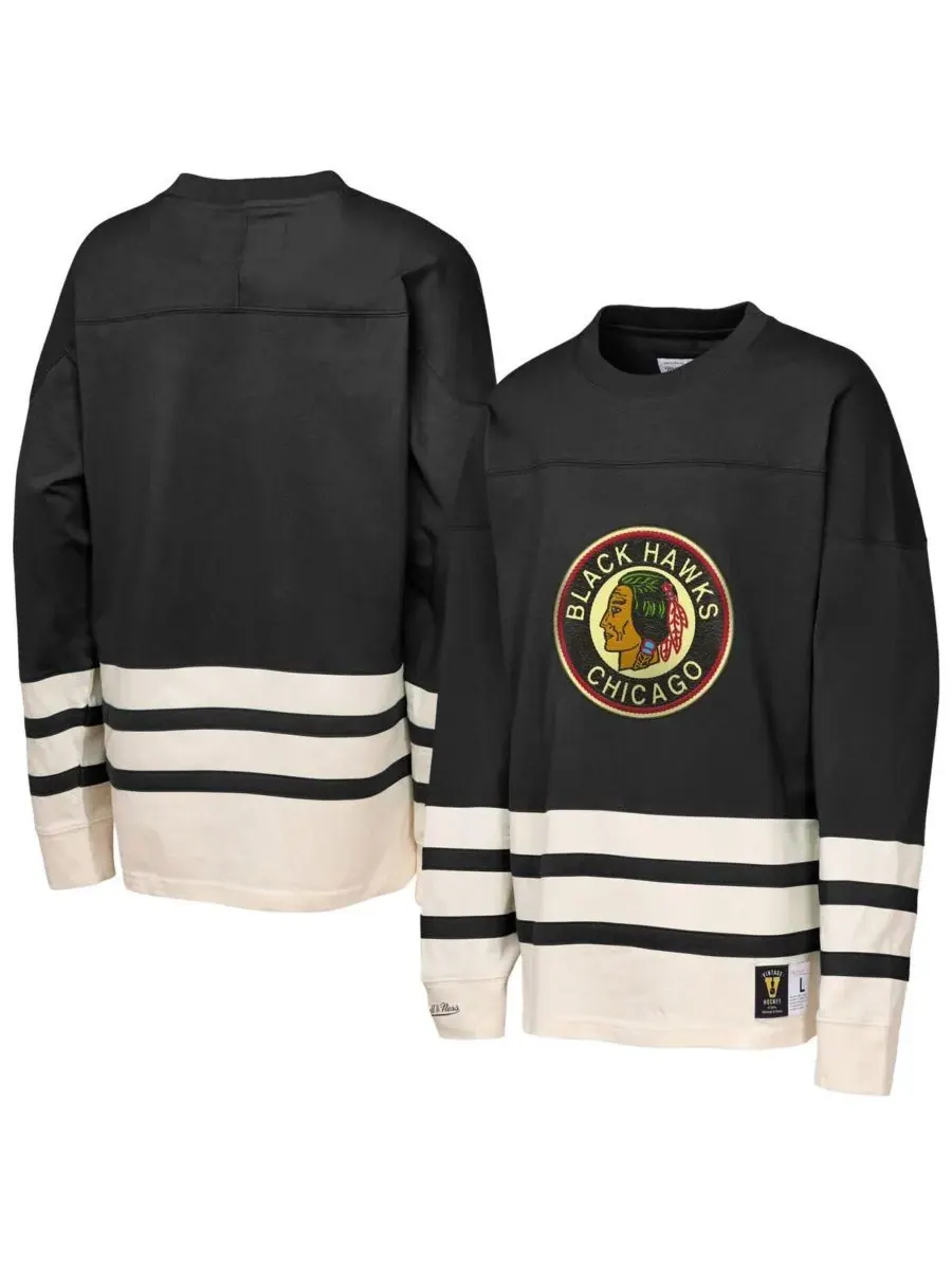 Mitchell & Ness Черная футболка с длинными рукавами Chicago Blackhawks с цепным стежком для