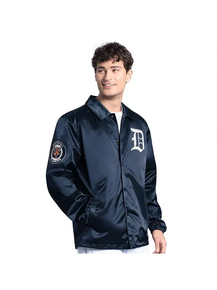 Мужская тренерская куртка на молнии Detroit Tigers Cooperstown Collection Point Man в синем цвете