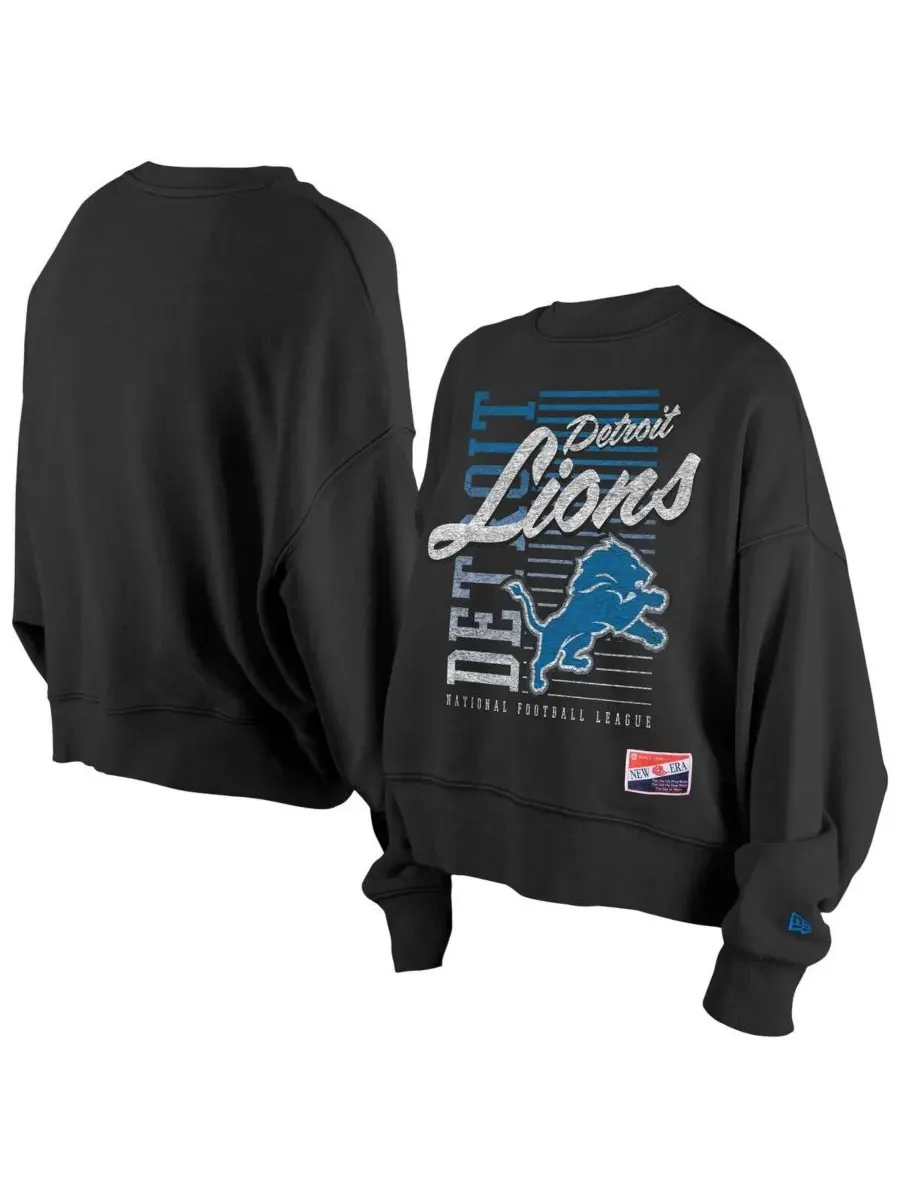 New Era Женская черная толстовка с круглым вырезом и принтом Detroit Lions в стиле ретро с эффектом