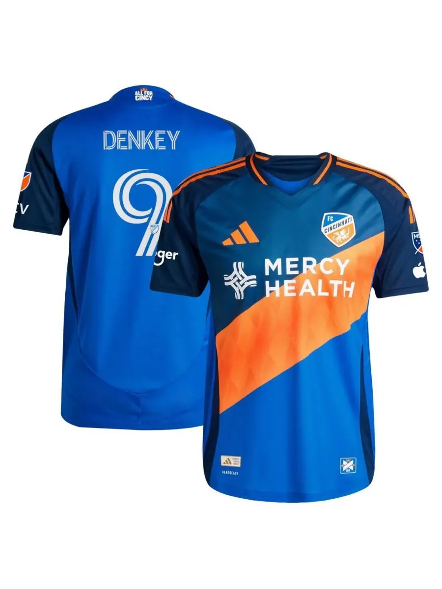 Adidas Мужская футболка Kevin Denkey Blue FC Cincinnati 2025 Orange and Blue Legacy Kit Authentic