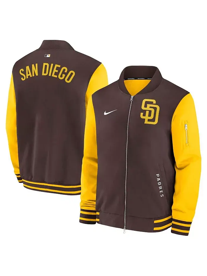 Мужская коричнево-золотая бомбер-куртка San Diego Padres Authentic Collection Dugout на молнии Nike
