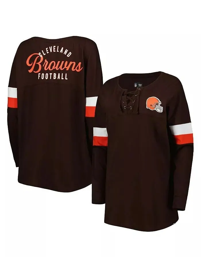 Женская коричневая футболка Cleveland Browns Athletic Varsity на шнуровке с длинным рукавом New Era