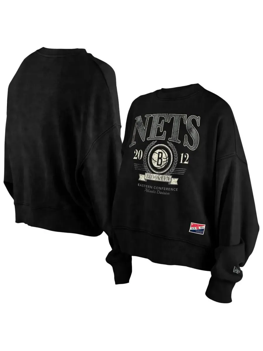 New Era Женская черная толстовка-пуловер Brooklyn Nets Throwback с энзимной стиркой, свободного кроя