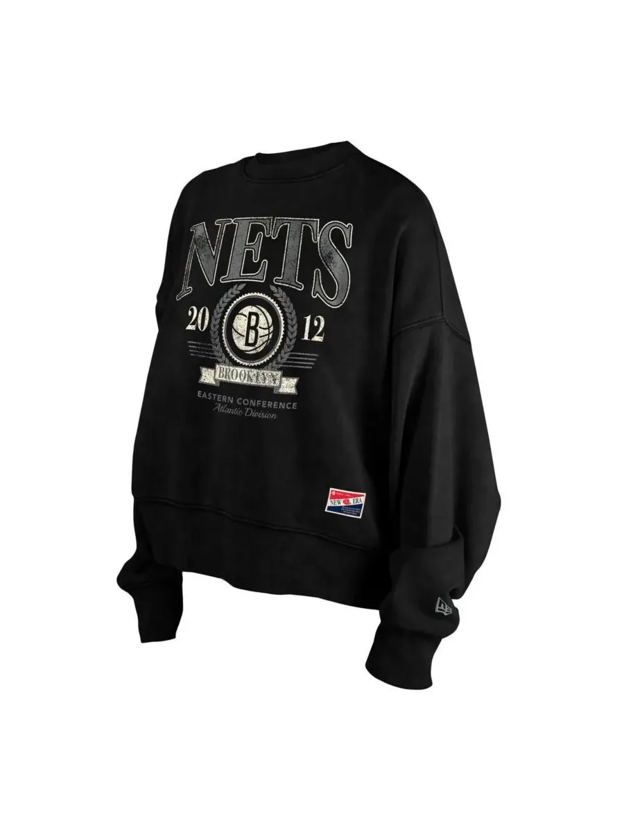 New Era Женская черная толстовка-пуловер Brooklyn Nets Throwback с энзимной стиркой, свободного кроя — изображение 2 из 3