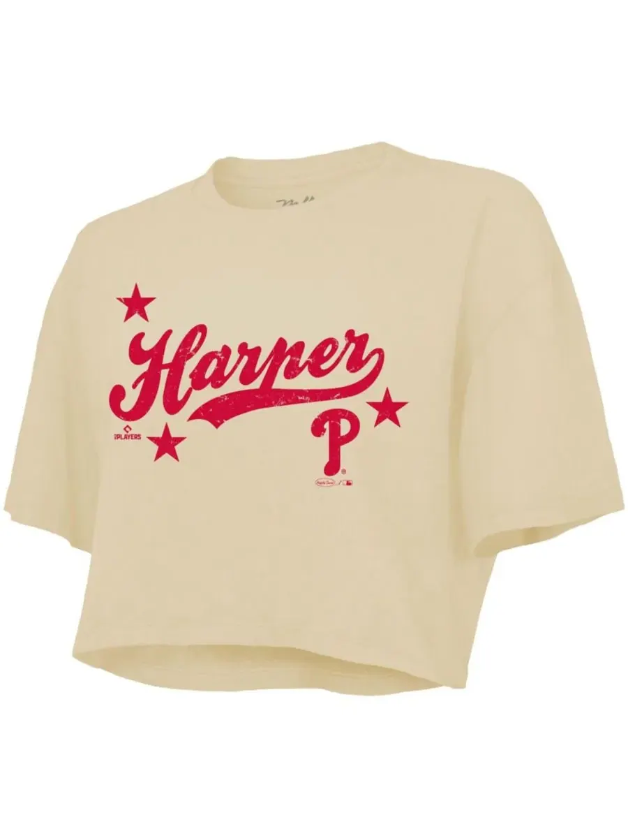 Топ-кроп боксового кроя с принтом Bryce Harper Majestic Threads — изображение 2 из 3, бежевый